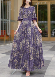 Natural Purple O-Neck Print Patchwork High Waist Chiffon Maxi Beach Dresses Half Sleeve