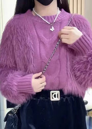 Natural Purple O Neck Tasseled Mink Hair Knitted Sweaters Fall