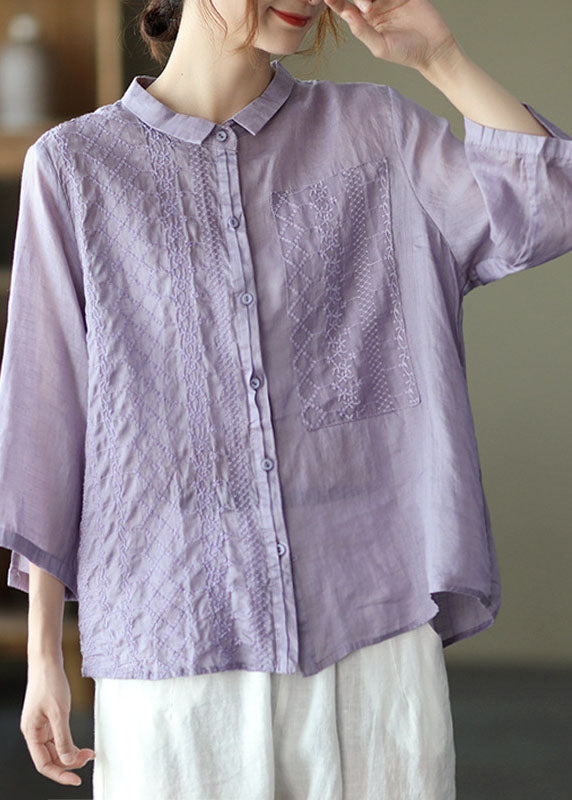 Natural Purple PeterPan Collar Button Embroidered Fall Top Long sleeve