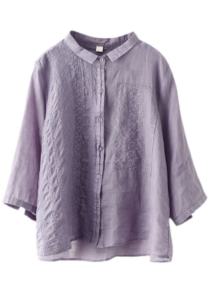 Natural Purple PeterPan Collar Button Embroidered Fall Top Long sleeve