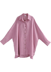 Natural Purple Pink Colour Peter Pan Collar Button Low High Design Linen Shirts Long Sleeve