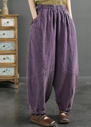 Natural Purple Pockets Patchwork lastic Waist Linen Lantern Pants Fall