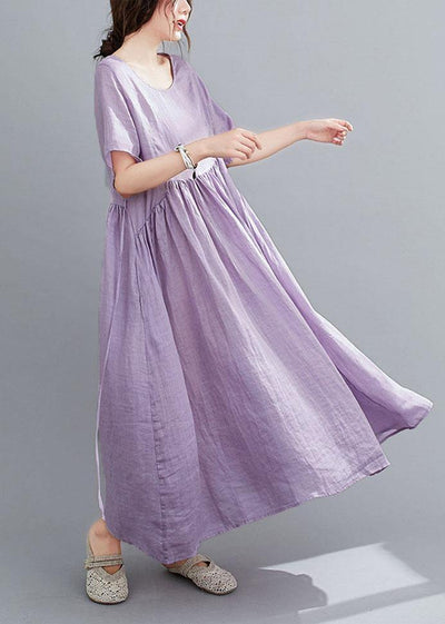 Natural Purple Pockets Short Sleeve Robe Cotton Linen Dresses - SooLinen