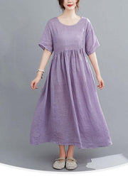 Natural Purple Pockets Short Sleeve Robe Cotton Linen Dresses - SooLinen
