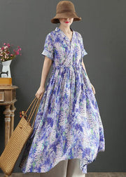 Natural Purple Print Dresses V Neck Drawstring Plus Size Summer Dresses - SooLinen