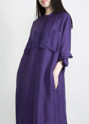 Natural Purple Tunic V Neck Pockets Holiday Linen Dress - SooLinen