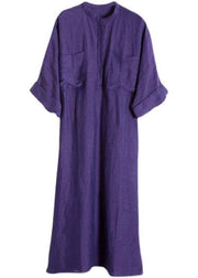 Natural Purple Tunic V Neck Pockets Holiday Linen Dress - SooLinen