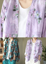 Natural Purple V Neck Print Cotton Blouses Spring