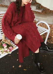 Natural Purplish Red O-Neck Cable Cotton Knit Sweater Maxi Dress Long Sleeve