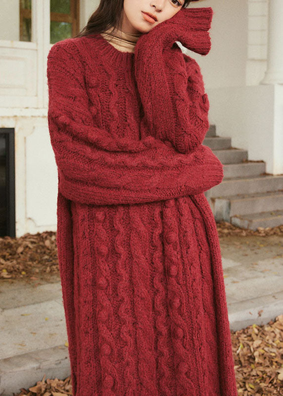 Natural Purplish Red O-Neck Cable Cotton Knit Sweater Maxi Dress Long Sleeve