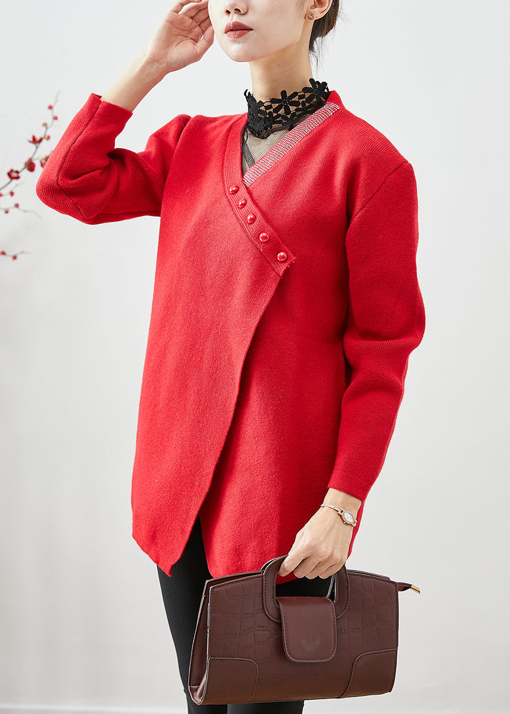 Natural Red Asymmetrical Button Knit Sweaters Winter