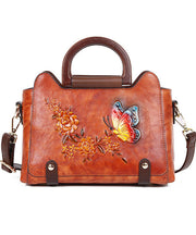 Natural Red Brown Floral Paitings Leather Satchel Handbag