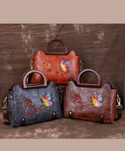 Natural Red Brown Floral Paitings Leather Satchel Handbag