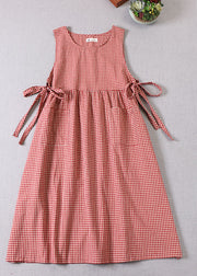 Natural Red Cinched Plaid Party Dress Spring