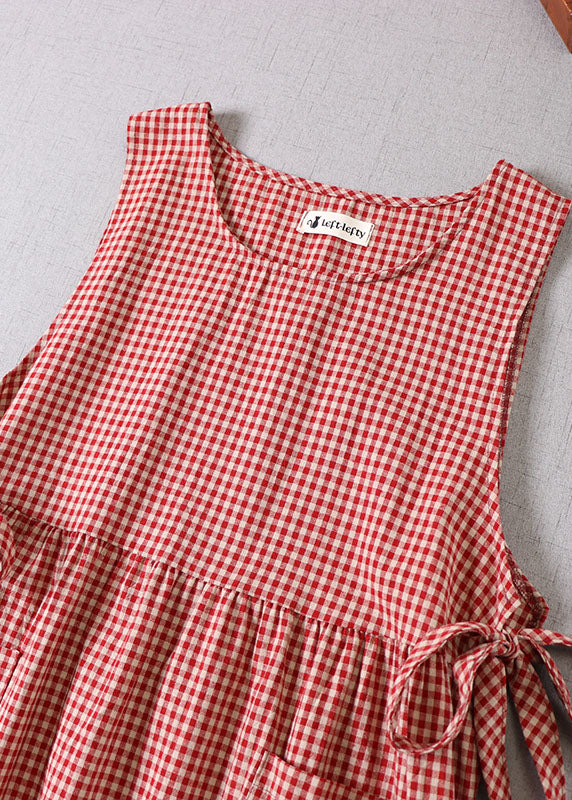 Natural Red Cinched Plaid Party Dress Spring