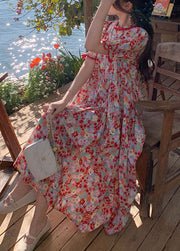 Natural Red O Neck Wrinkled Patchwork Print Cotton Dress Summer