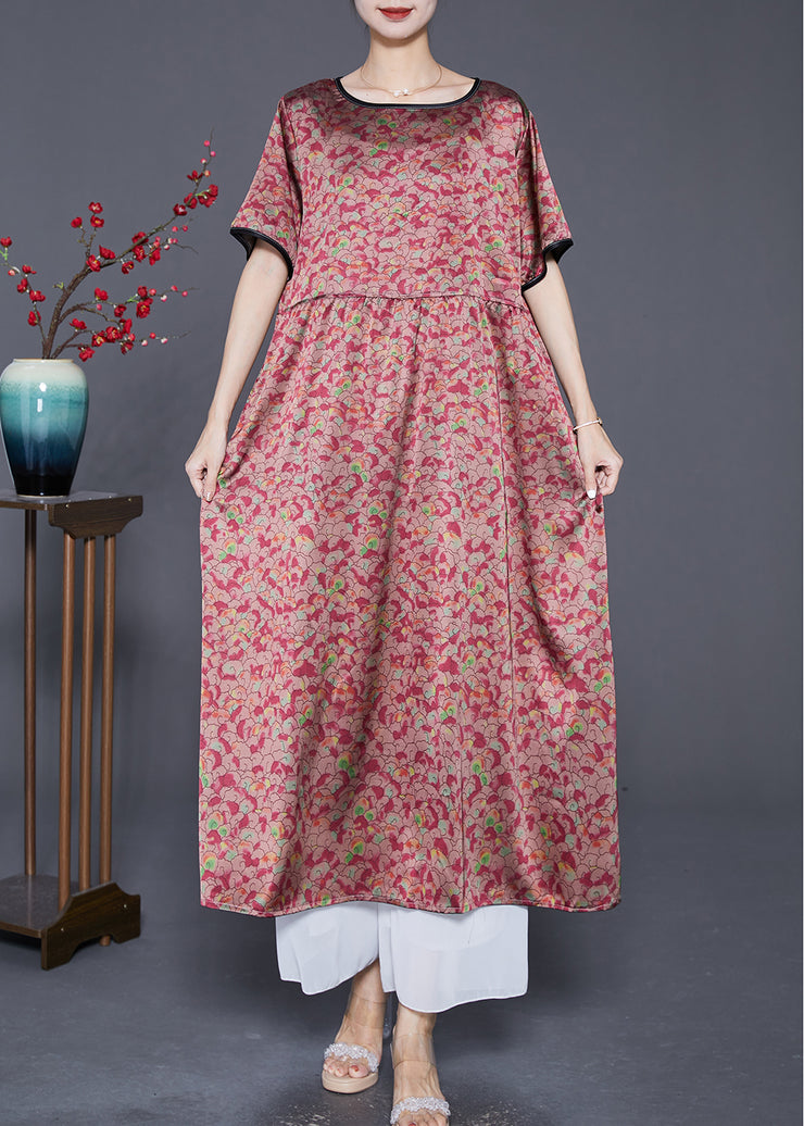 Natural Red Oversized Print Silk Maxi Dresses Summer