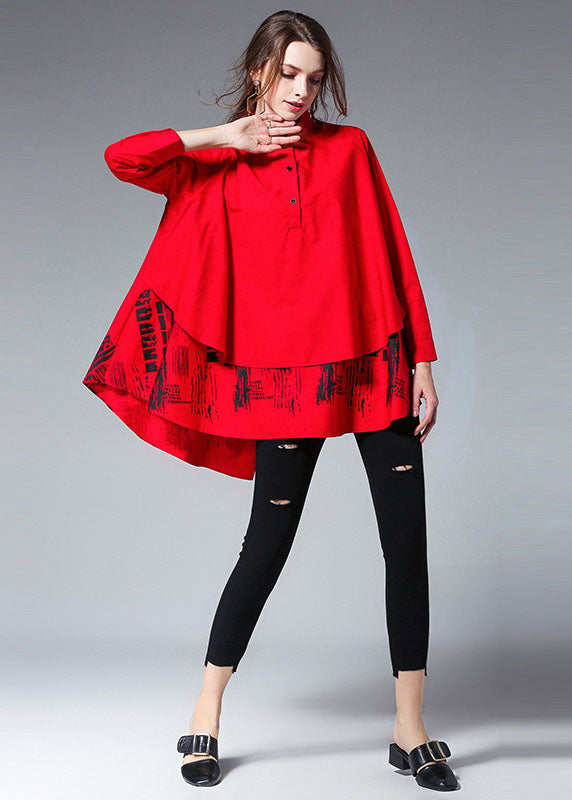 Natural Red Patchwork Print Button Fall Tops