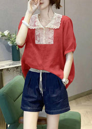 Natural Red Peter Pan Collar Lace Patchwork Linen Tops Short Sleeve