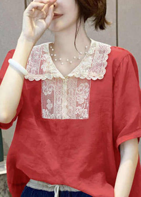 Natural Red Peter Pan Collar Lace Patchwork Linen Tops Short Sleeve