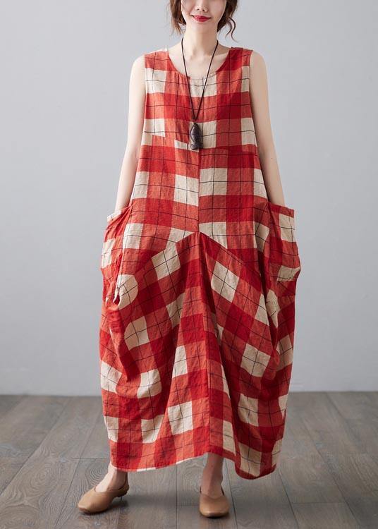 Natural Red Plaid Sleeveless Pockets Summer Dress - SooLinen