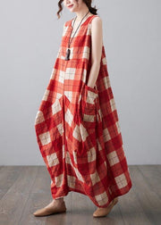Natural Red Plaid Sleeveless Pockets Summer Dress - SooLinen