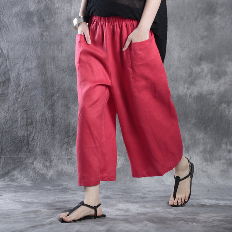 Natural Red Pockets Casual Fall Wide Leg Linen Pants