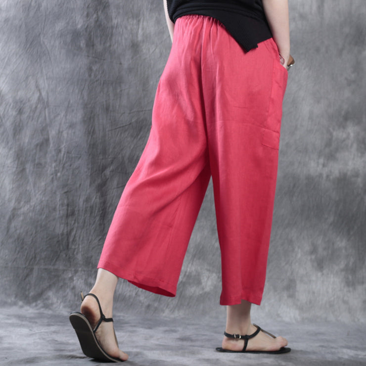 Natural Red Pockets Casual Fall Wide Leg Linen Pants
