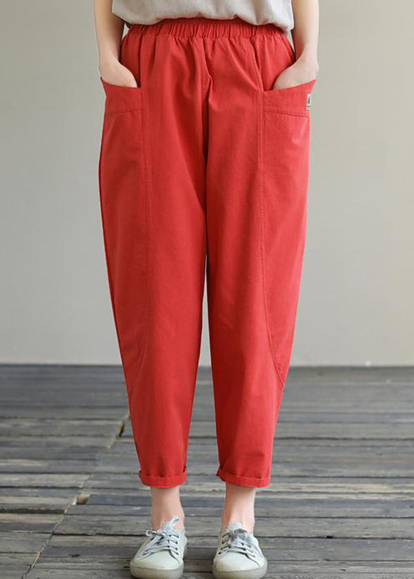 Natural Red Pockets Elastic Waist Cotton Crop Pants Fall