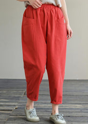 Natural Red Pockets Elastic Waist Cotton Crop Pants Fall