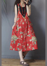 Natural Red Print Pockets carpenter Maxi Dress Summer Cotton Linen - SooLinen
