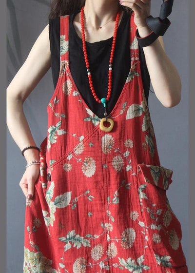 Natural Red Print Pockets carpenter Maxi Dress Summer Cotton Linen - SooLinen