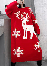 Natural Red Print Thick Loose Winter Knit Sweater Dress