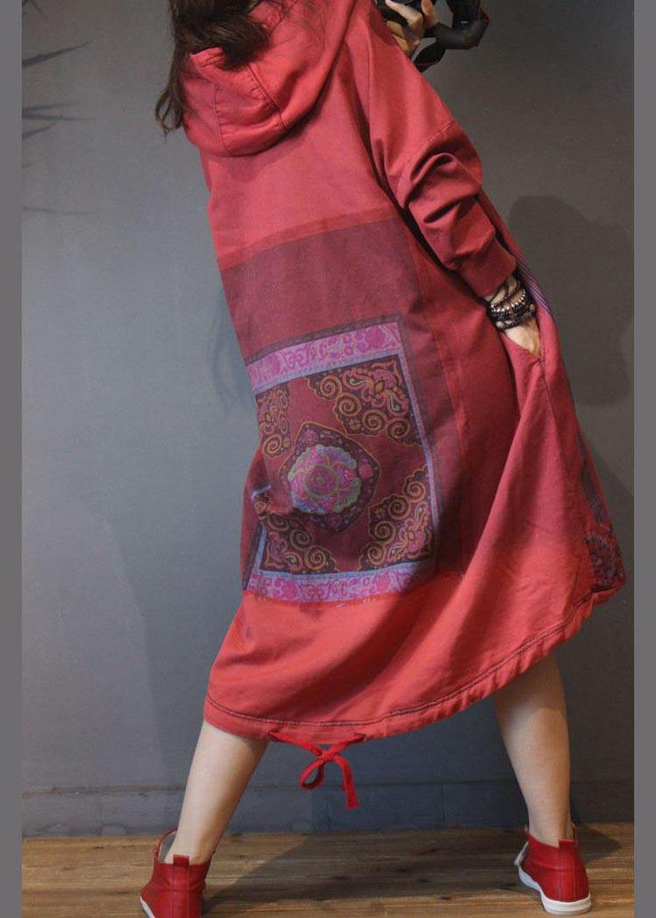 Natural Red Print low high design Dresses Summer Cotton Dress - SooLinen
