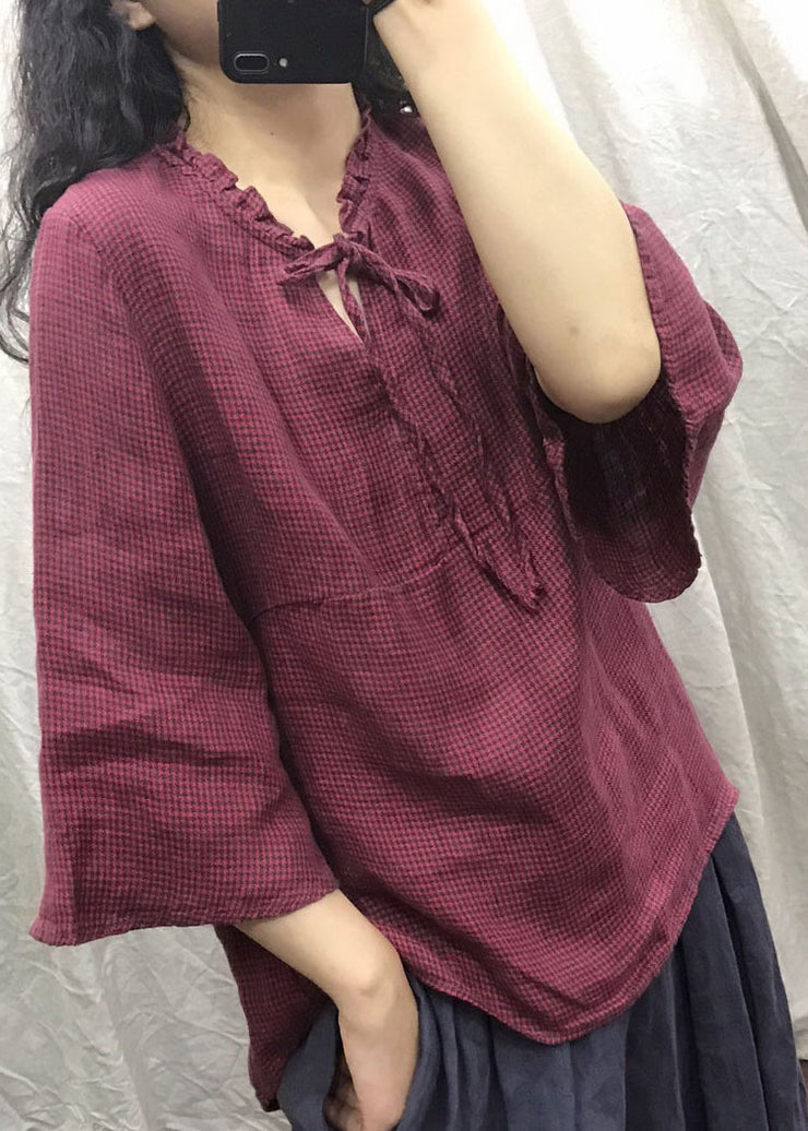 Natural Red Ruffled Plaid flare sleeve Blouse Tops