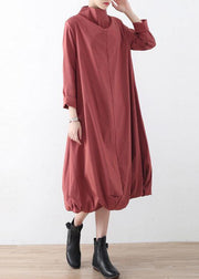 Natural Red Stand Asymmetrical Design Fall Cotton Long Dress - SooLinen