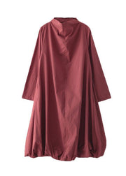Natural Red Stand Asymmetrical Design Fall Cotton Long Dress - SooLinen