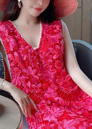 Natural Red V Neck Hollow Out Lace Long Dress Summer