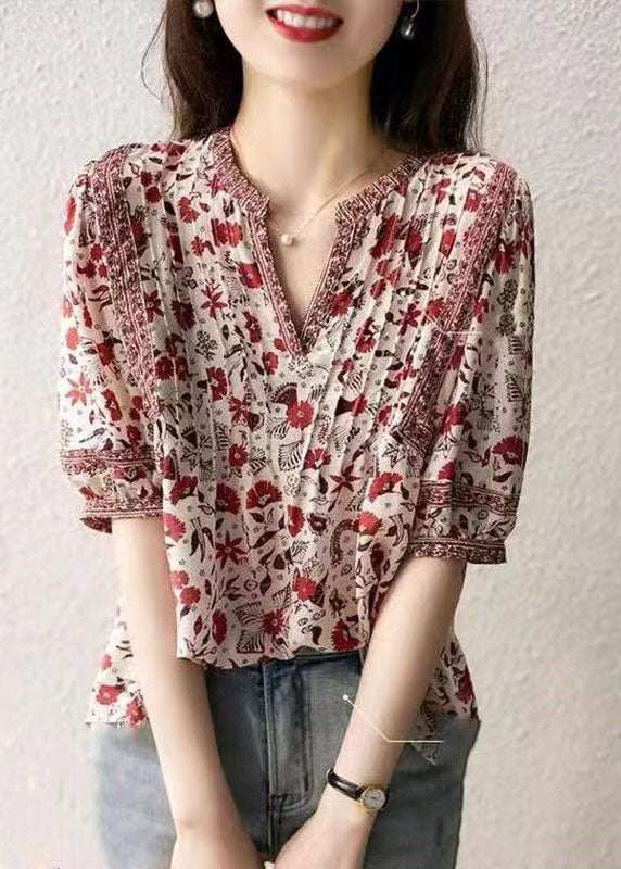 Natural Red V Neck Patchwork Print Silk Shirt Top Summer