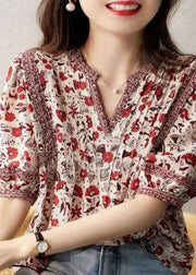 Natural Red V Neck Patchwork Print Silk Shirt Top Summer