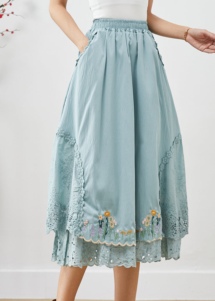 Natural Sky Blue Embroidered Patchwork Cotton Skirt Fall