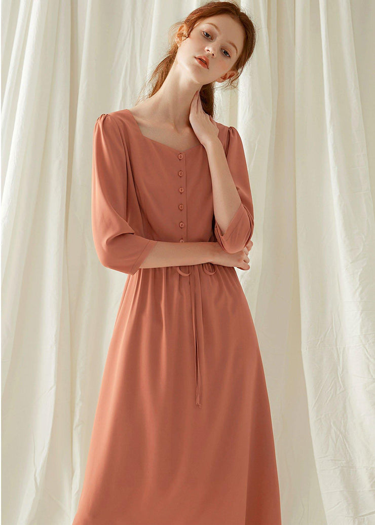 Natural Square Collar blended dress Tutorials red high waist Maxi Dresses fall - SooLinen