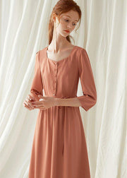 Natural Square Collar blended dress Tutorials red high waist Maxi Dresses fall - SooLinen
