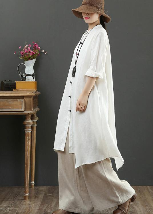 Natural Stand Collar Asymmetric Spring Blouse Inspiration White Shirt - SooLinen