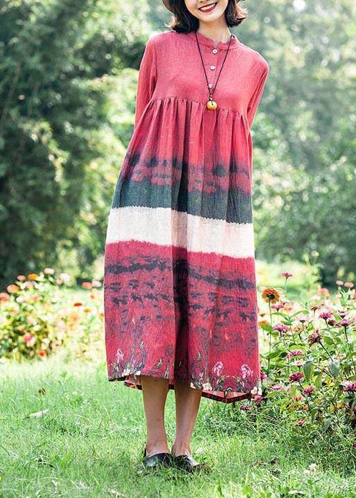 Natural Stand Collar Cinched Quilting Dresses Fashion Ideas Red Print Maxi Dress - SooLinen