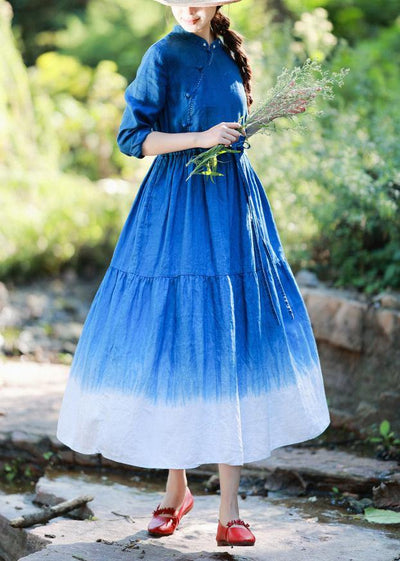 Natural Stand Collar Patchwork Tunics For Women Shirts Blue Dresses - SooLinen