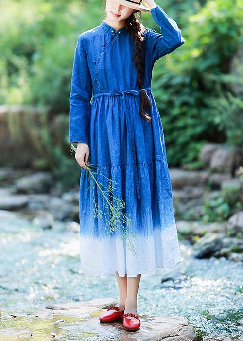 Natural Stand Collar Patchwork Tunics For Women Shirts Blue Dresses - SooLinen