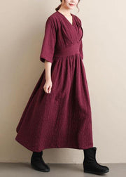 Natural V Neck Cinched Spring Quilting Clothes Pattern Burgundy Maxi Dress - SooLinen