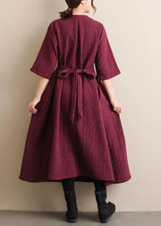 Natural V Neck Cinched Spring Quilting Clothes Pattern Burgundy Maxi Dress - SooLinen