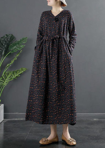 Natural V Neck Clothes For Women Fashion Ideas Navy Print Maxi Dresses - SooLinen